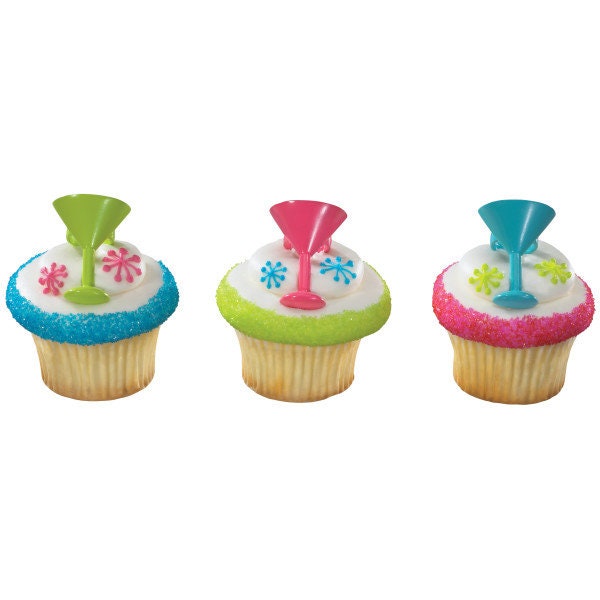 12 COCKTAIL GLASS Cupcake Rings Cake Toppers for Princess Kids Birthday Party Decoration