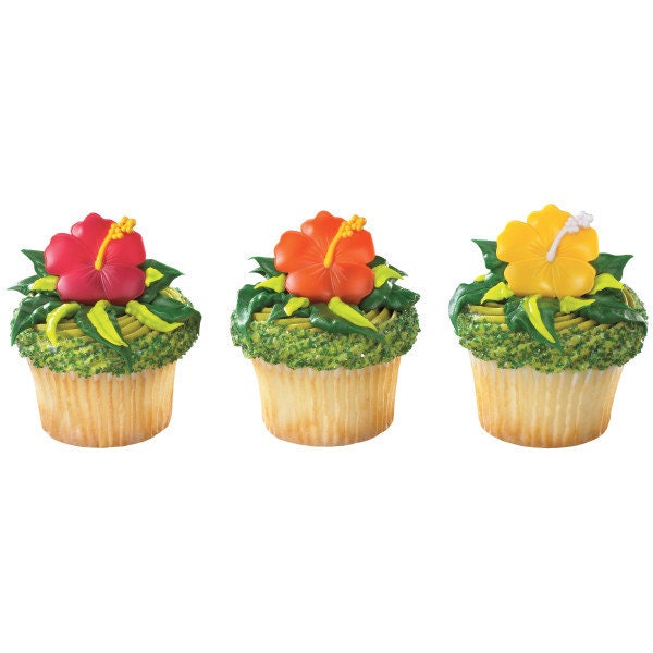 12 HIBISCUS FLOWER Cupcake Rings Cake Toppers Hawaiian Beach Wedding Party Decoration Craft Supply