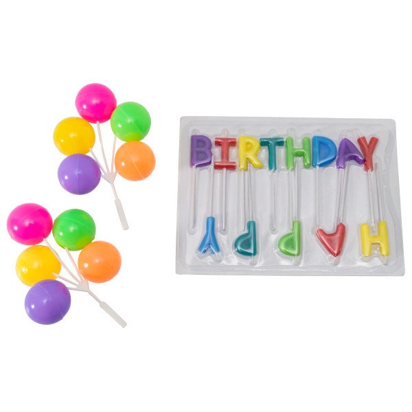 HAPPY BIRTHDAY NEON Candles Balloons Cupcake Cake Toppers for Party Decoration Craft Supply