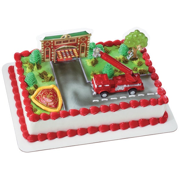 FIRE TRUCK & STATION Cake Topper Ladder Firefighter Badge Cake Decoration Birthday Decoset