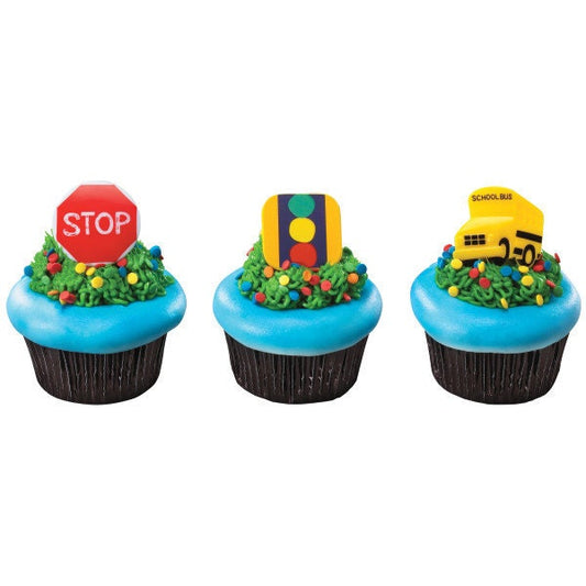 12 STOP LOOK and LISTEN Cupcake Rings School Bus Sign Picks Cake Toppers Decoration Party