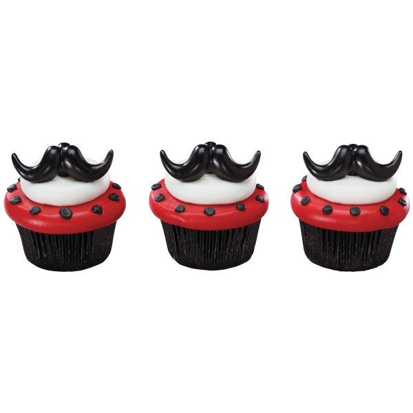 12 MUSTACHE Cupcake Rings Stache Bash Picks Cake Toppers Decoration Birthday Party