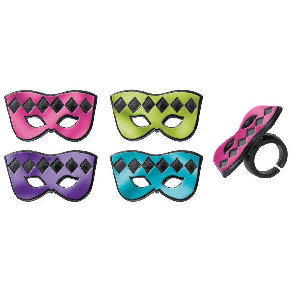12 MASQUERADE MASK Cupcake Rings Theatre Drama Mardi Gras Picks Cake Toppers Decoration Birthday Party