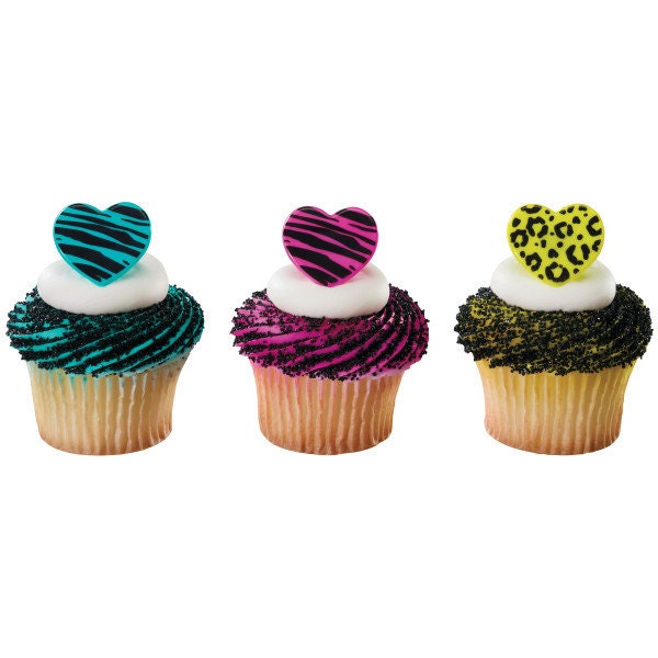 12 WILD ABOUT YOU Cupcake Rings Hearts Love Animal Print Picks Cake Toppers Decoration Birthday Party