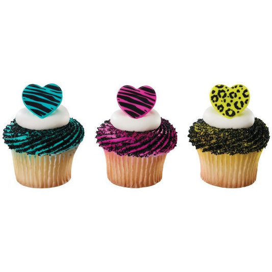 12 WILD ABOUT YOU Cupcake Rings Hearts Love Animal Print Picks Cake Toppers Decoration Birthday Party Craft Supply