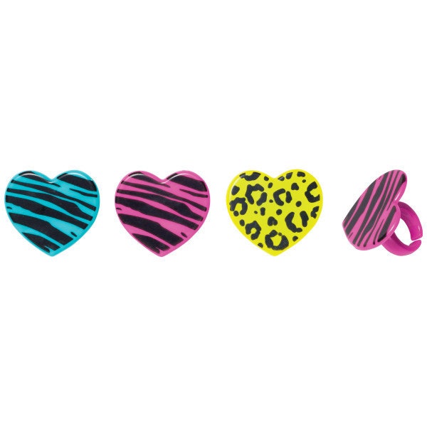 12 WILD ABOUT YOU Cupcake Rings Hearts Love Animal Print Picks Cake Toppers Decoration Birthday Party
