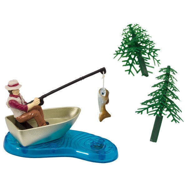 FISHERMAN With ACTION FISH Cake Topper Fishing Hook Pole Tackle Cake Decoration Birthday Decoset Craft Supply
