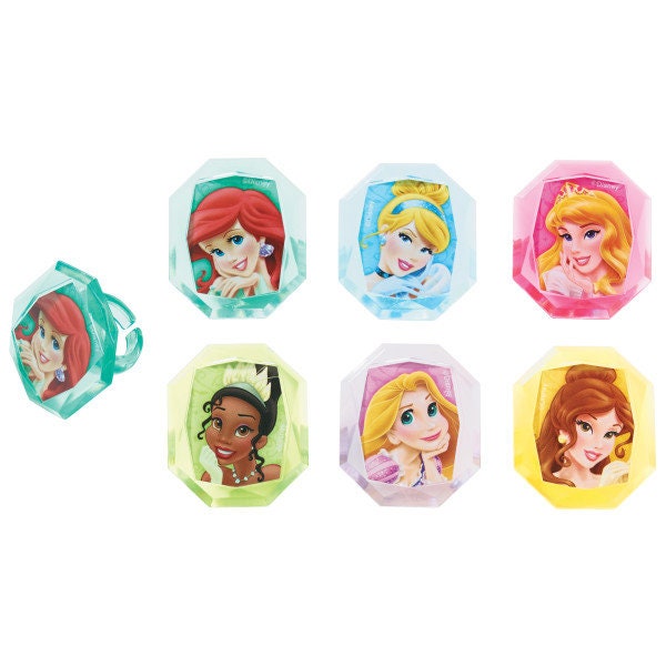 12 DISNEY PRINCESS GEMSTONE Cupcake Rings Tiana Aurora Belle Cinderella Ariel Cake Toppers Birthday Party Decoration
