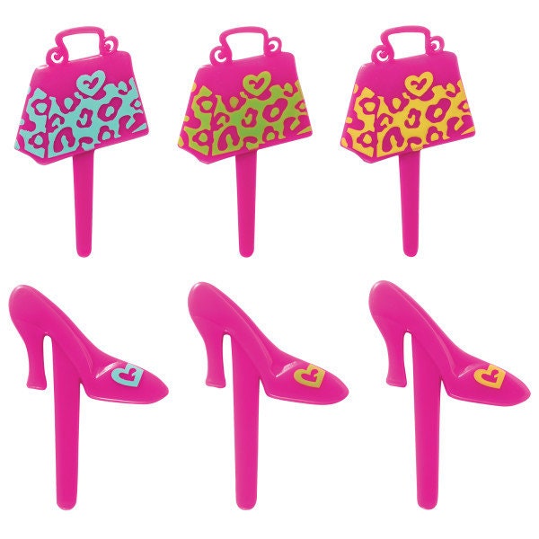 12 PURSE SHOE Cupcake Rings Animal Print Heel Shoe Fashion Cake Toppers Birthday Party Decoration