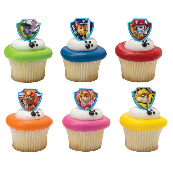 12 PAW PATROL Cupcake Rings Dogs Chase Rocky Skye Zuma Cake Toppers Birthday Party Decoration Craft Supply
