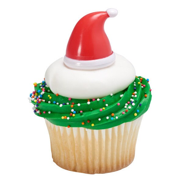 12 SANTA HATS Cupcake Picks Christmas Elf Holiday Cake Toppers Rings Party Decoration