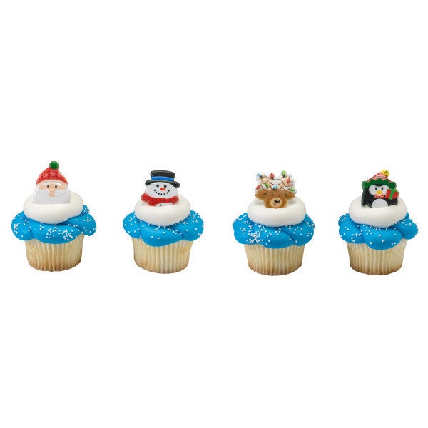 12 CHRISTMAS Cupcake Rings Holiday Icon Santa Reindeer Penguin Picks Cake Toppers Decoration Party