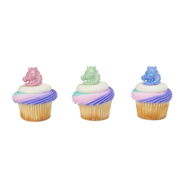 12 UNICORN Cupcake Rings Cake Toppers Fantasy Horse Iridescent Birthday Party Decoration