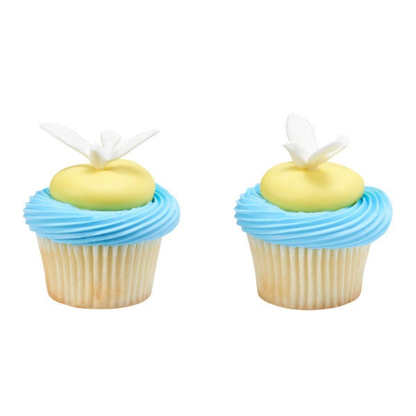 12 DOVE Cupcake Picks Baptism Wedding Baby Shower Cake Toppers Rings Party Decoration