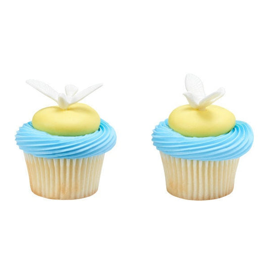 12 DOVE Cupcake Picks Baptism Wedding Baby Shower Cake Toppers Rings Party Decoration Craft Supply