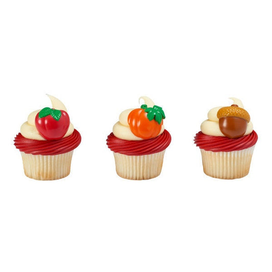 12 AUTUMN HARVEST Cupcake Rings Acorn Apple Pumpkin Fall Cake Toppers Birthday Party Decoration