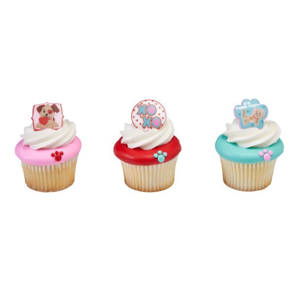 12 PAWS AND KISSES Cupcake Rings Valentine Heart Love Puppy Dog Cat Kitty Xoxo Cake Toppers Birthday Party Decoration Craft Supply