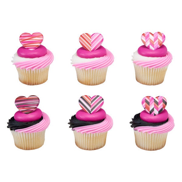 12 FRESH GEOMETRIC HEARTS Cupcake Rings Valentine Heart Love Xoxo Cake Toppers Birthday Party Decoration
