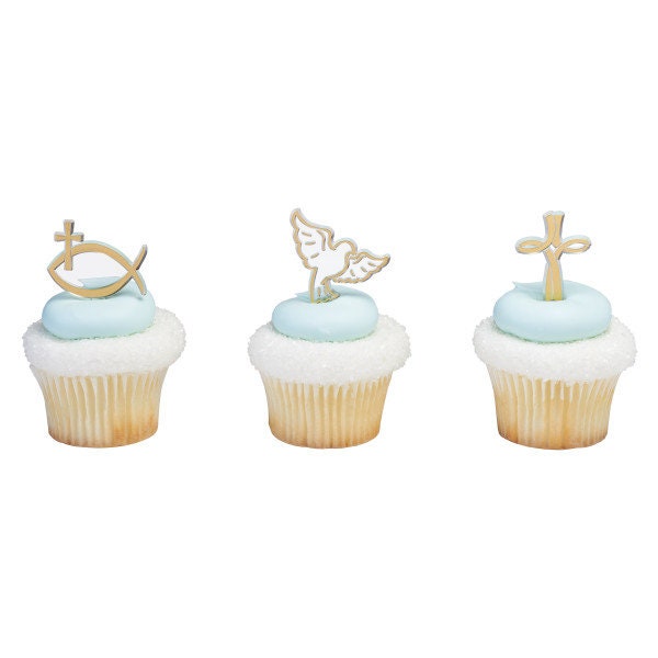12 SPIRITUAL ICONS Cupcake Picks Baptism Christian Easter Jesus Church Religious Cake Toppers Rings Party Decoration