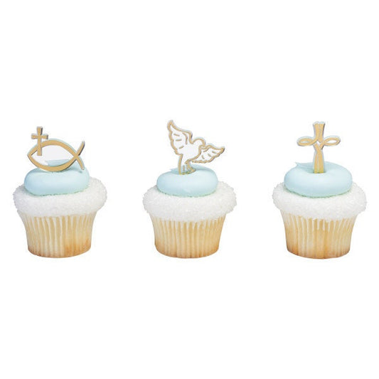 12 SPIRITUAL ICONS Cupcake Picks Baptism Christian Easter Jesus Church Religious Cake Toppers Rings Party Decoration Craft Supply