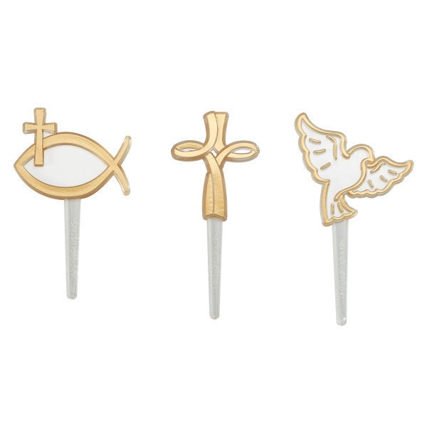 12 SPIRITUAL ICONS Cupcake Picks Baptism Christian Easter Jesus Church Religious Cake Toppers Rings Party Decoration