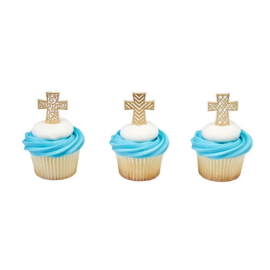 12 GOLD CROSS ASSORTMENT Cupcake Picks Baptism Easter Christian Jesus Church Religious Cake Toppers Rings Party Decoration