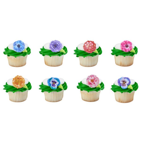 12 GARDEN FLOWER Cupcake Rings Spring Daisy Floral Garden Mother's Day Cake Toppers Party Decoration