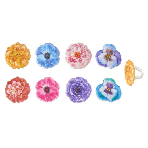 12 GARDEN FLOWER Cupcake Rings Spring Daisy Floral Garden Mother's Day Cake Toppers Party Decoration