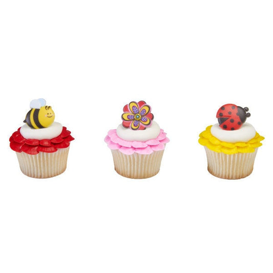 12 SPRING HAS BLOSSOMED Cupcake Rings Bee Lady Bug Spring Daisy Floral Garden Cake Toppers Party Decoration Craft Supply