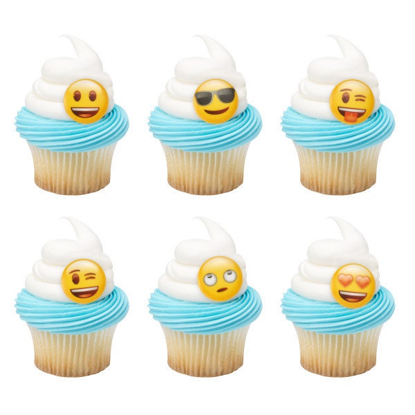 12 EMOJI Cupcake Rings Icons Faces Cake Toppers Birthday Party Decoration