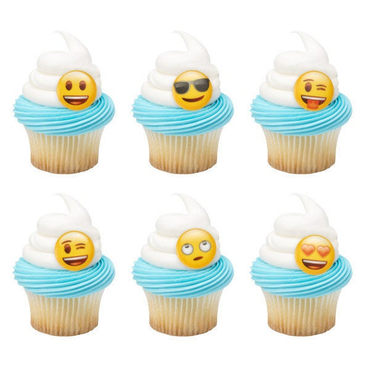 12 EMOJI Cupcake Rings Icons Faces Cake Toppers Birthday Party Decoration