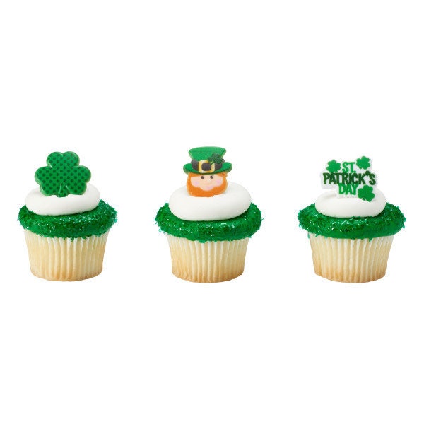 12 ST. PATRICK'S DAY Cupcake Rings Icons Shamrock Clover Leprechaun Cake Toppers Party Decoration Craft Supply