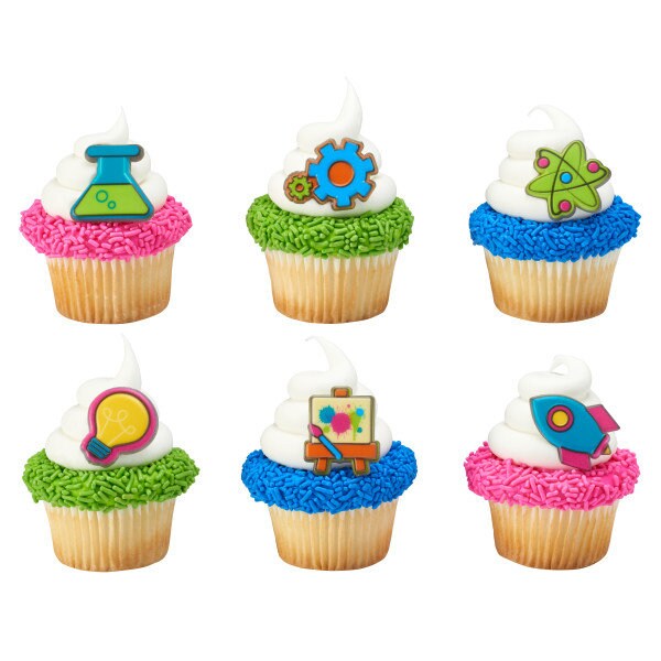 12 STEM ICON Cupcake Rings Rocket Science Mathematics Lightbulb Cake Toppers Birthday Party Decoration