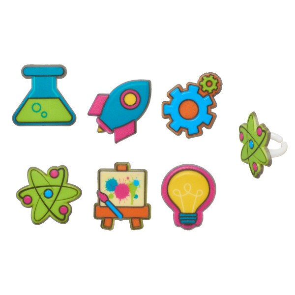 12 STEM ICON Cupcake Rings Rocket Science Mathematics Lightbulb Cake Toppers Birthday Party Decoration