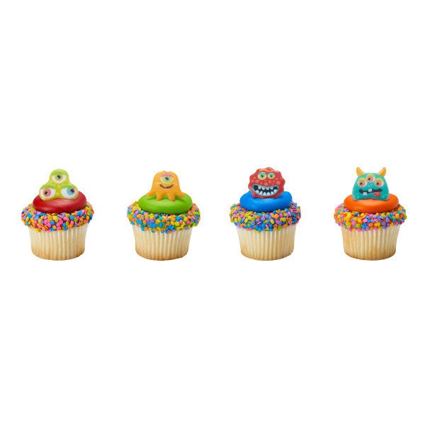 EYEBALL MONSTERS Cupcake Rings (12) Silly Halloween Faces Cake Toppers Birthday Party Decoration