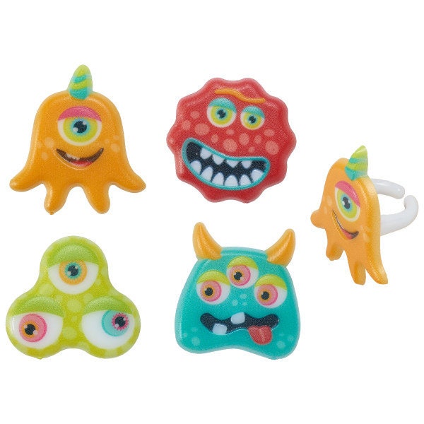 EYEBALL MONSTERS Cupcake Rings (12) Silly Halloween Faces Cake Toppers Birthday Party Decoration