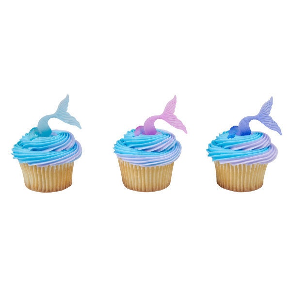12 MERMAID TAIL Wrap Cupcake Rings Under the Sea Ocean Cake Picks Toppers Rings Birthday Party Decoration Craft Supply