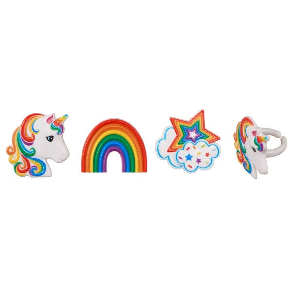 UNICORN ASSORTMENT Cupcake Rings (12) Rainbow Fantasy Cake Toppers Birthday Party Decoration Craft Supply