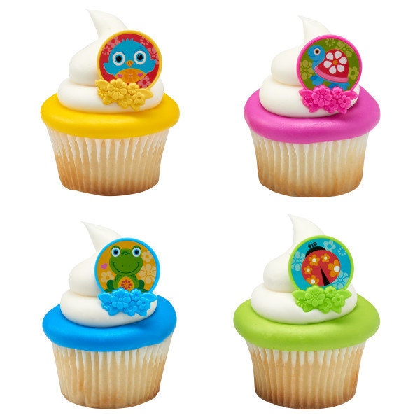 12 SPRING FRIENDS Cupcake Rings Spring Summer Frog Turtle Ladybug Cake Toppers Party Decoration