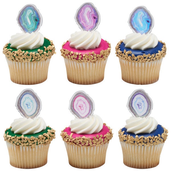 12 AGATE / GEODE Cupcake Picks Crystal Rocks Gem Gold Cake Toppers Birthday Party Decoration