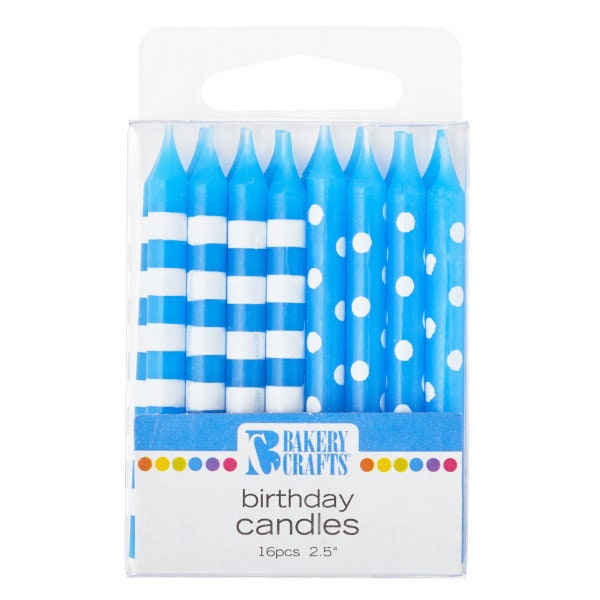 BLUE DOTS & STRIPES Candles Birthday Cupcake Cake Toppers for Birthday Party Decoration polka dots