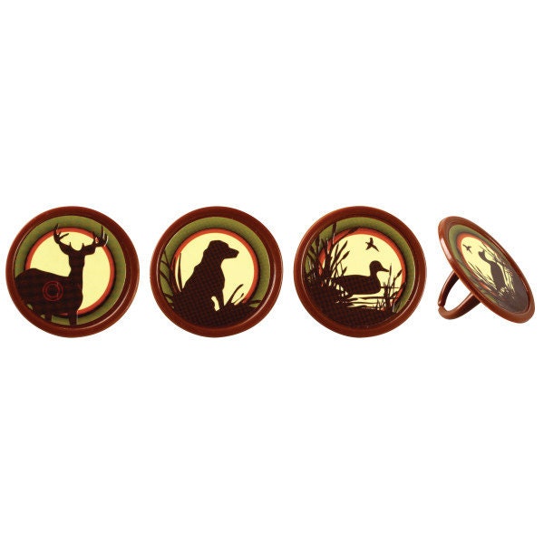 12 HUNTING Cupcake Rings Assortment Bucks Ducks Dog Deer Hunters Cake Toppers Birthday Party Decoration Picks Craft Supply