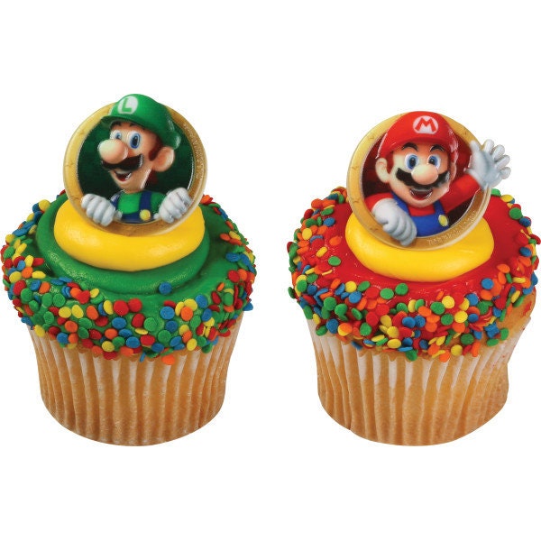 SUPER MARIO Cupcake Rings (12) Mario Luigi Nintendo Classic Cake Toppers Birthday Party Decoration Picks