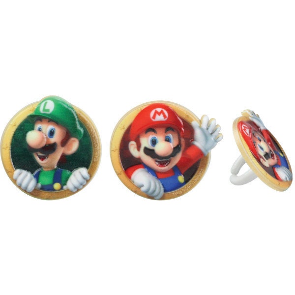 SUPER MARIO Cupcake Rings (12) Mario Luigi Nintendo Classic Cake Toppers Birthday Party Decoration Picks
