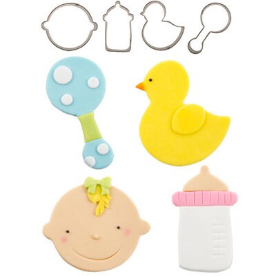 Cutie Cupcake Baby Cutter Set - Baby Face, Bottle, Rattle, and Duck -- For cakes, cupcakes, and cookies.  Fondant OR Gumpaste Craft Supply