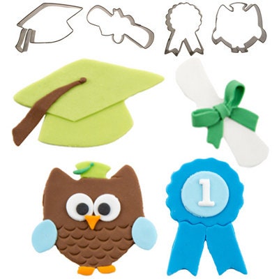 Cutie Cupcake Graduation Cutter Set - Graduation Cap, Owl, Ribbon, Diploma -- For cakes, cupcakes, and cookies.  Fondant OR Gumpaste