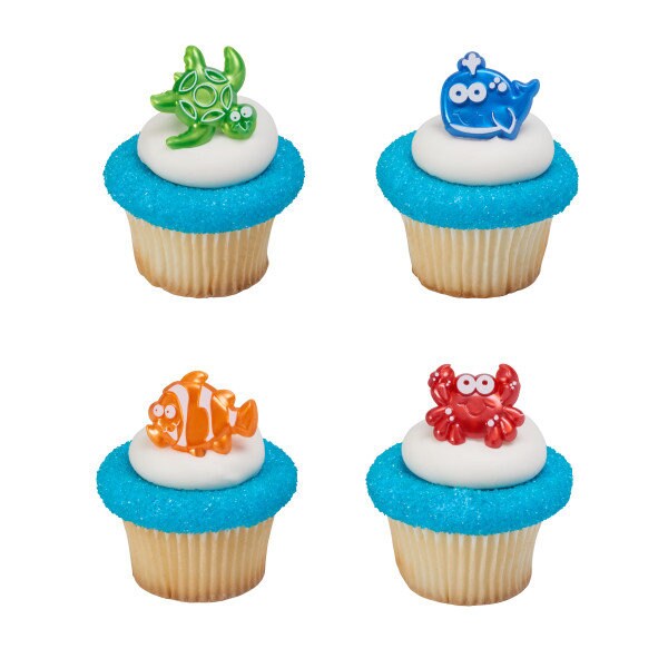 12 BEACH CUTIES Cupcake Rings Birthday Turtle Crab Whale Clown Fish Cake Toppers Party Decoration Picks