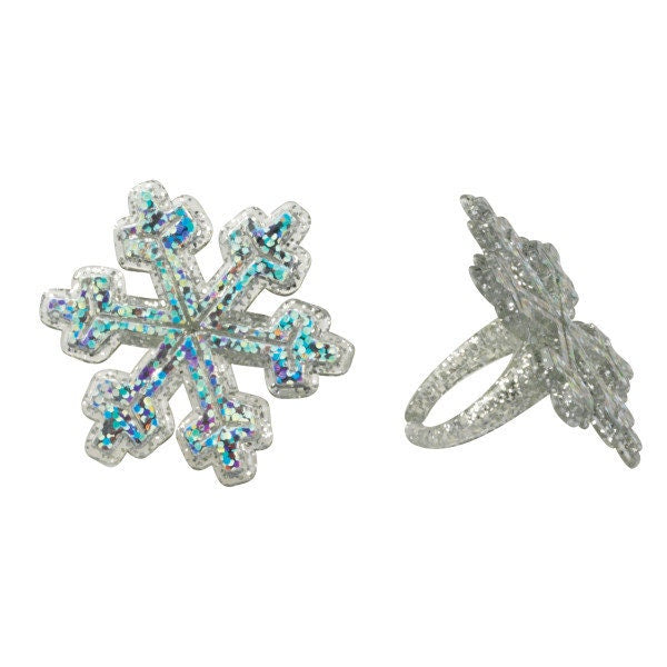 12 SNOWFLAKE Cupcake Rings Christmas Holographic Glitter Winter Snow Cake Toppers Party Decoration