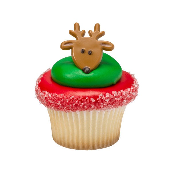REINDEER FACE Cupcake Rings (12) Christmas Favors Cake Toppers Party Decoration