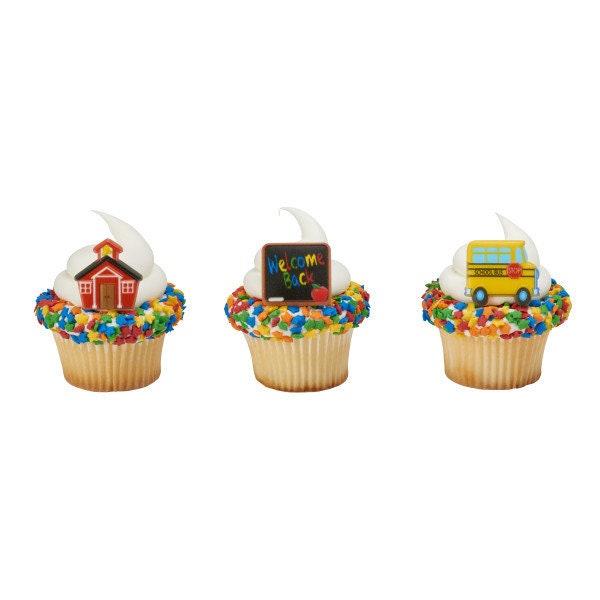12 SCHOOL ICONS Cupcake Rings School Bus House Welcome Picks Cake Toppers Decoration Party